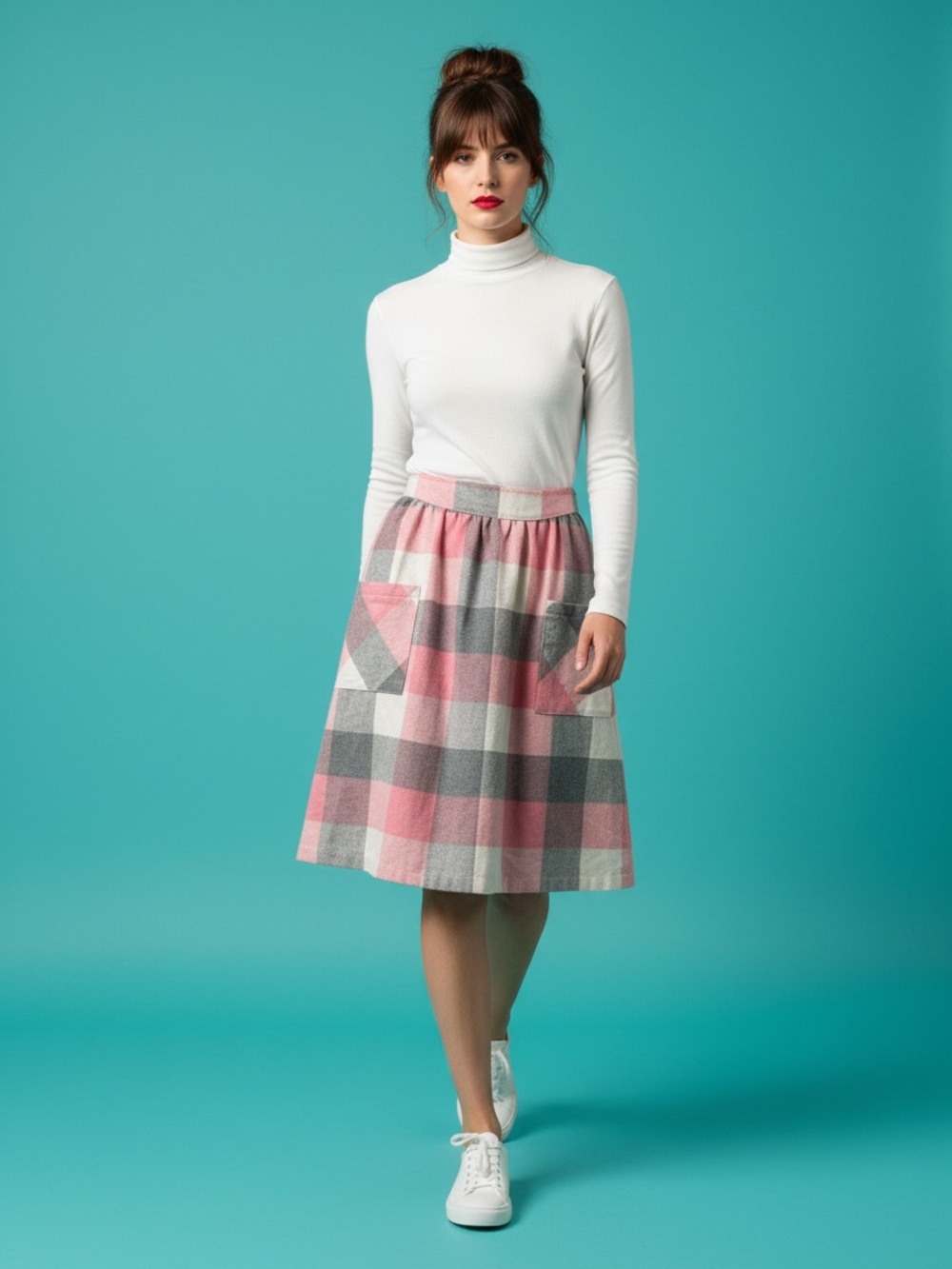 Vintage Pink & Gray Plaid  High Waisted with Pockets Size 14